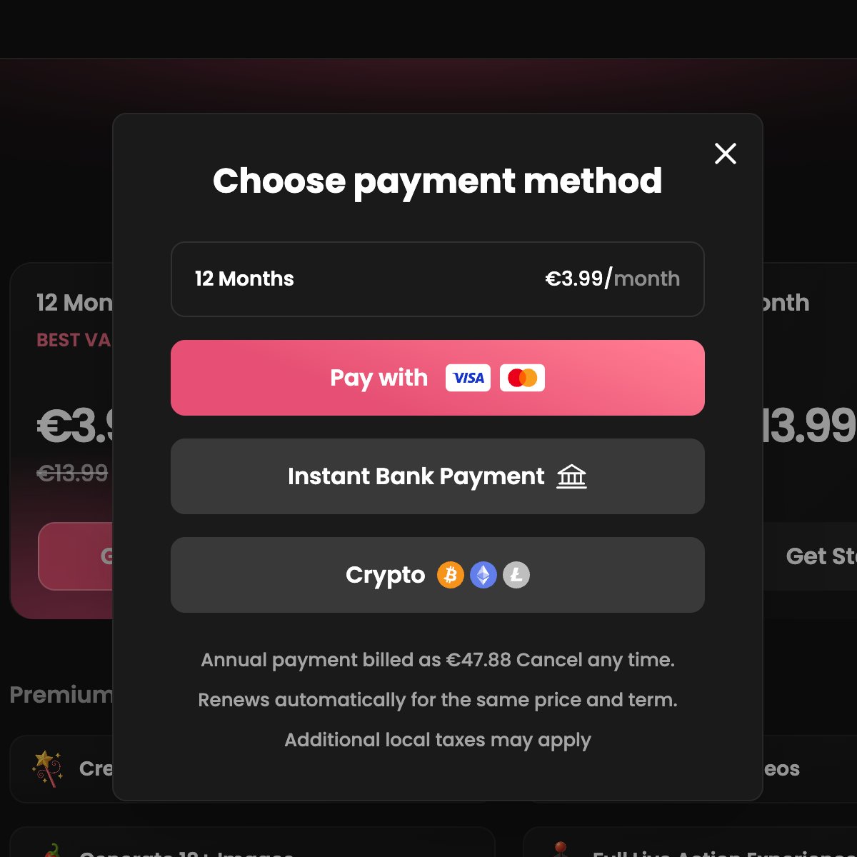Candy AI pricing on annual billing showing reduced monthly equivalent rates