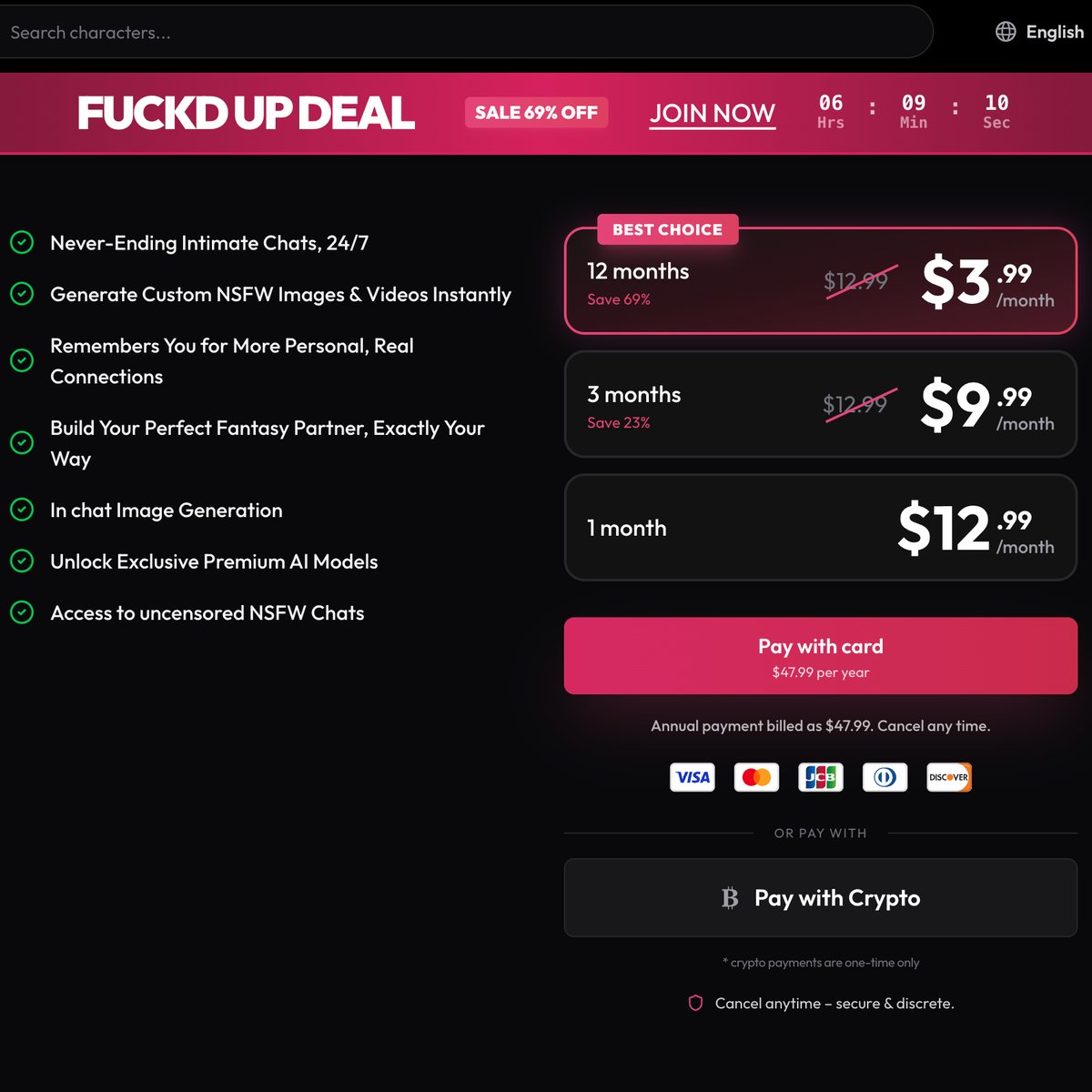 Fuckd AI billing page highlighting the annual plan at $3.99/month