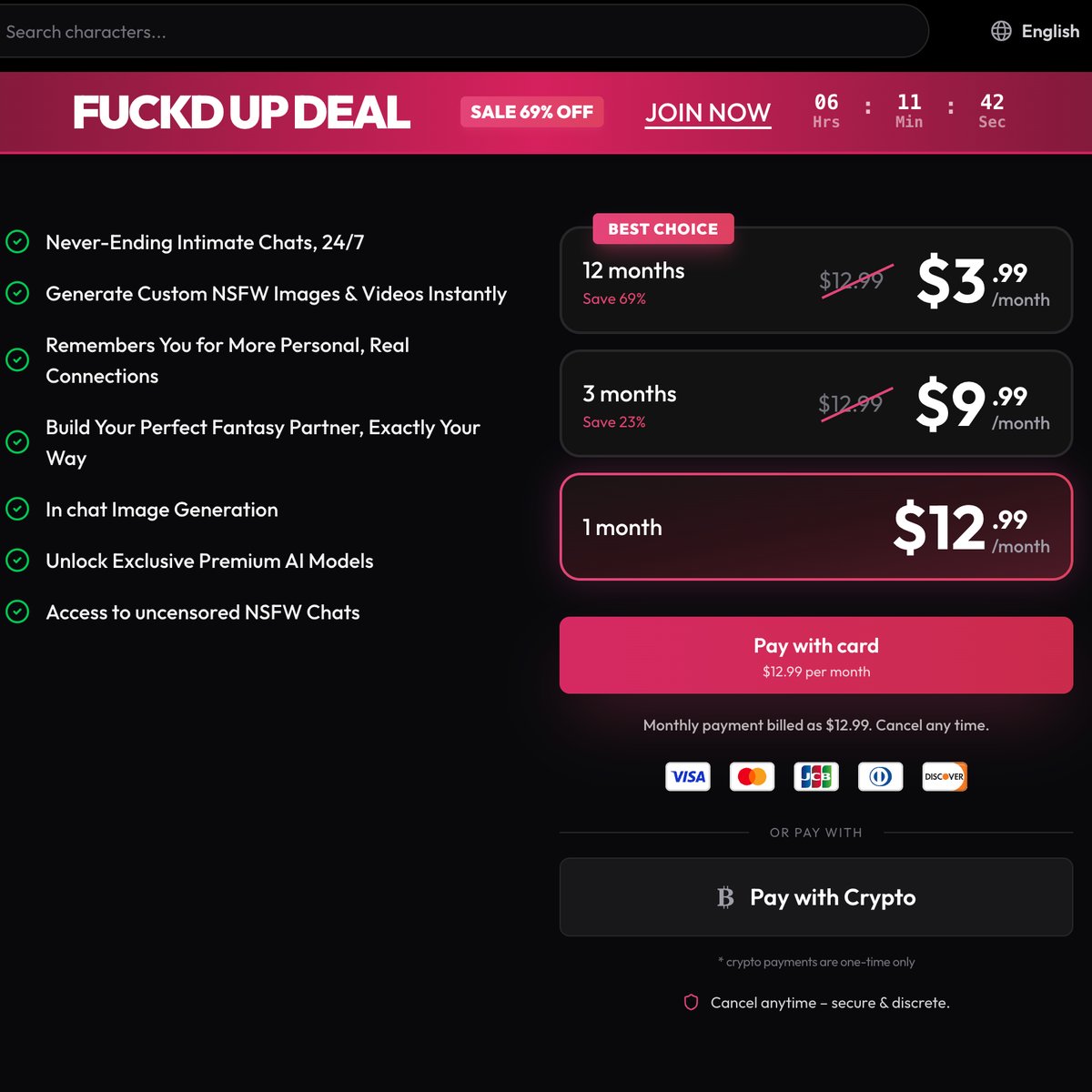 Fuckd AI billing page showing monthly and multi-month plan options