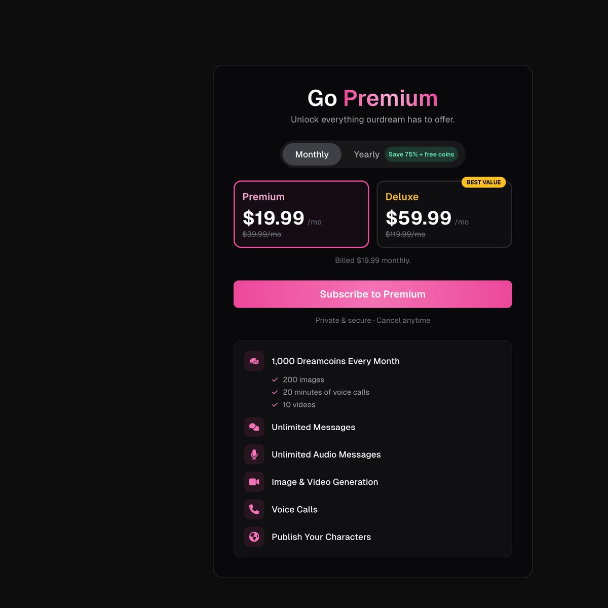 OurDream AI pricing showing Premium monthly plan at $19.99 per month