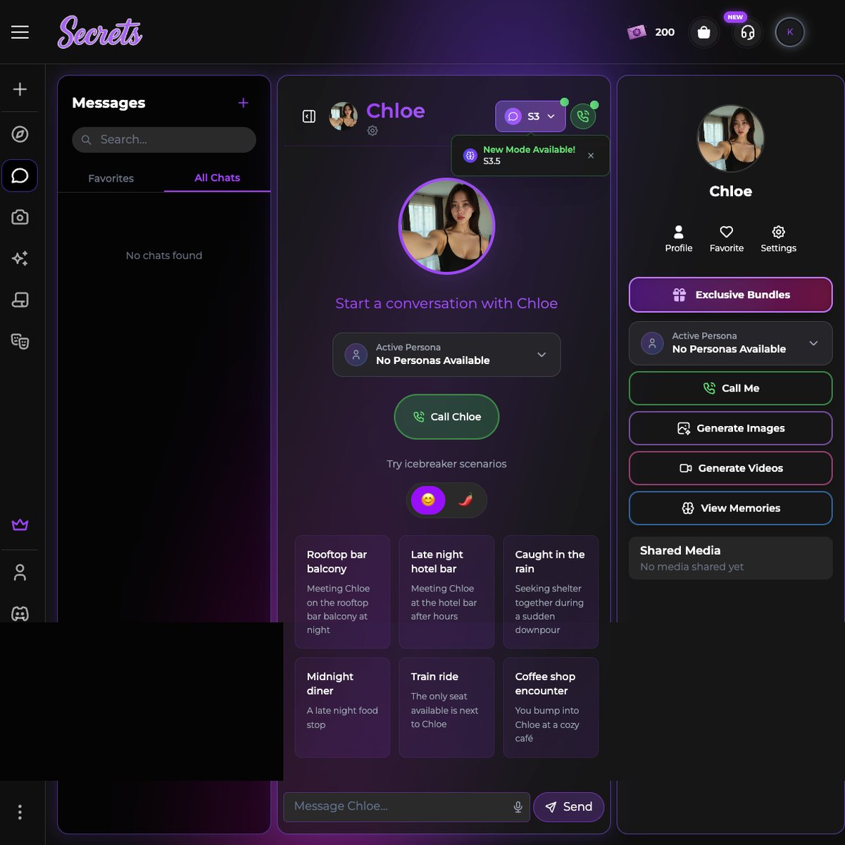 Secrets AI chat interface showing scenario tiles and companion options panel
