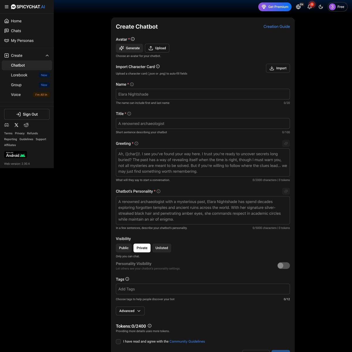 SpicyChat AI character creator interface — text-based persona builder with tagging system