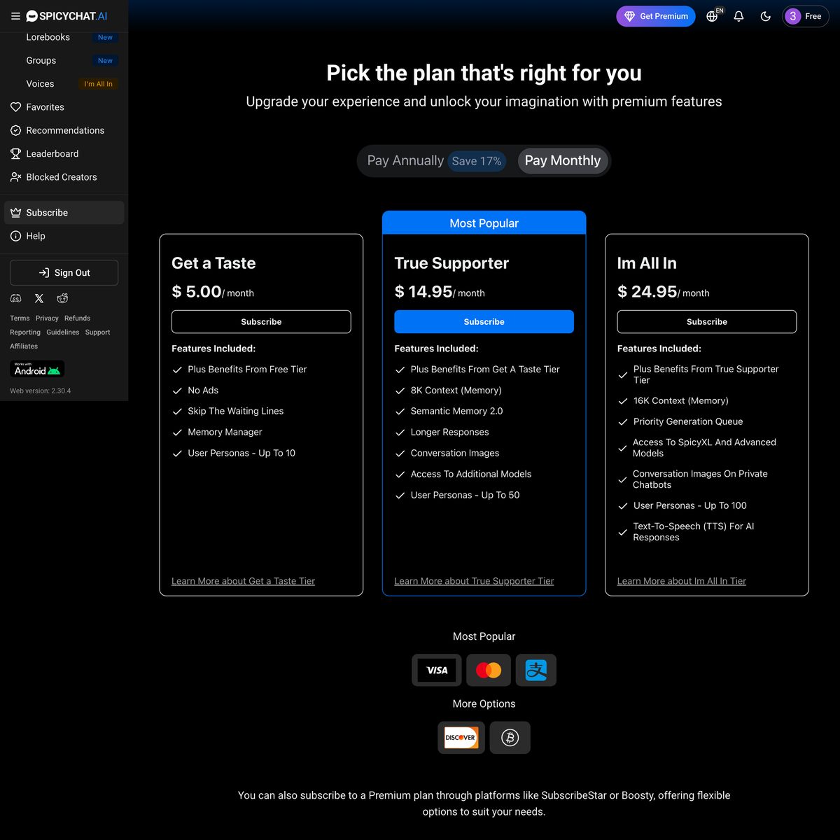 SpicyChat AI monthly pricing page showing three paid subscription tiers and free plan comparison